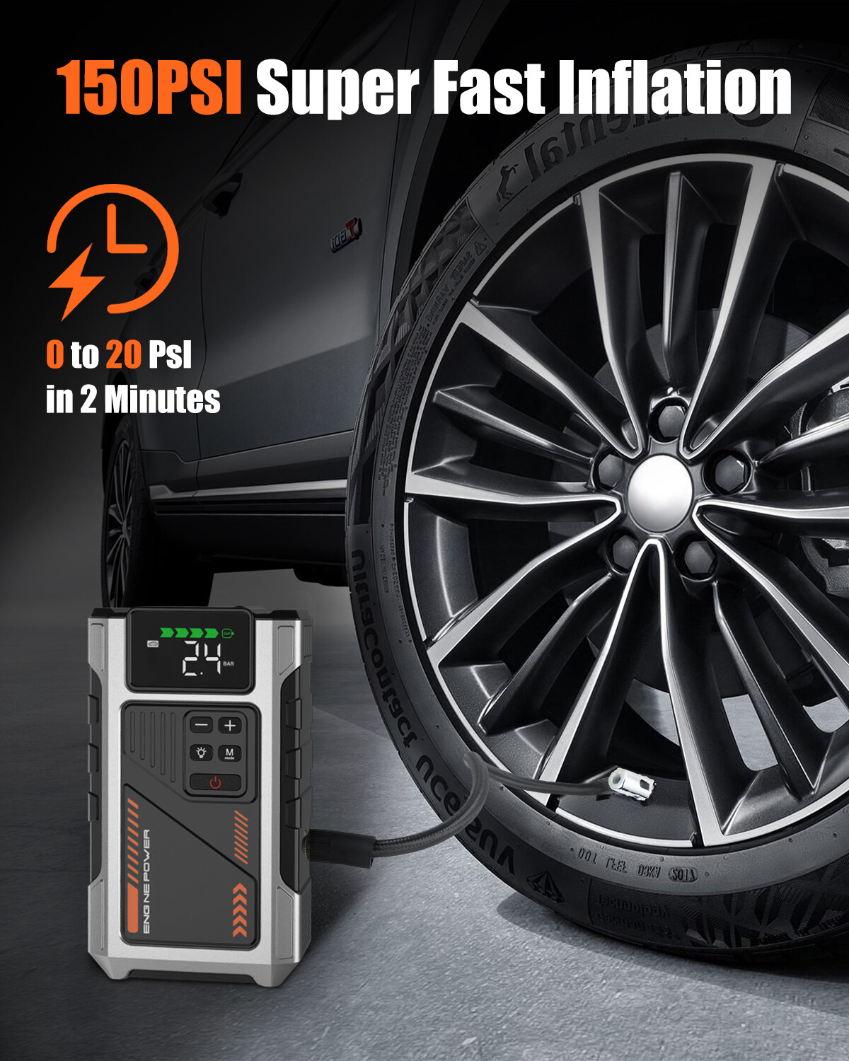 6000A Jump Starter Power Pack with 150PSI Air Compressor, 12V Car Battery Booster (10L Gas/8.5L Diesel), Portable Car Jump Starter Power Bank with LCD Display, LED Light Silver image5