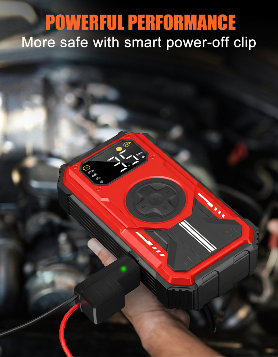 7-in-1 Jump Starter Power Pack, 6000A Car Battery Booster (10L Gas/8.5L Diesel) with 150PSI Air Compressor, 12V Portable Car Jump Starter Power Bank with LCD Display, LED Light, Red image5