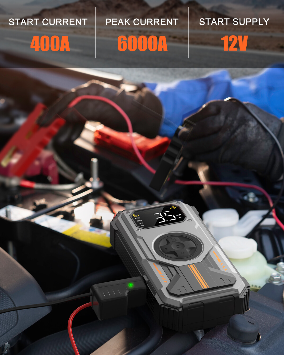 7-in-1 Jump Starter Power Pack, 6000A Car Battery Booster (10L Gas/8.5L Diesel) with 150PSI Air Compressor, 12V Portable Car Jump Starter Power Bank with LCD Display, LED Light, Silver image6