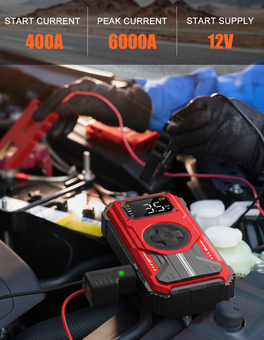 7-in-1 Jump Starter Power Pack, 6000A Car Battery Booster (10L Gas/8.5L Diesel) with 150PSI Air Compressor, 12V Portable Car Jump Starter Power Bank with LCD Display, LED Light, Red