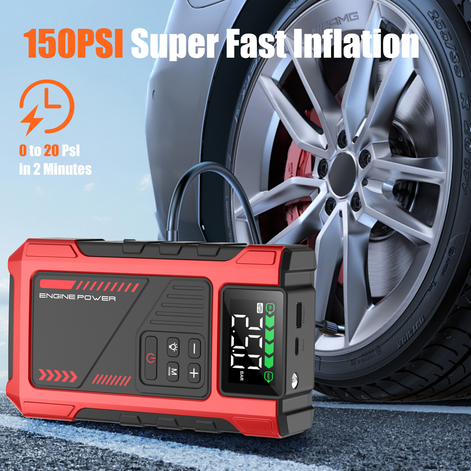 6000A Jump Starter Power Pack with 150PSI Air Compressor, 12V Car Battery Booster (10L Gas/8.5L Diesel), Portable Car Jump Starter Power Bank with LCD Display, LED Light, Red image3