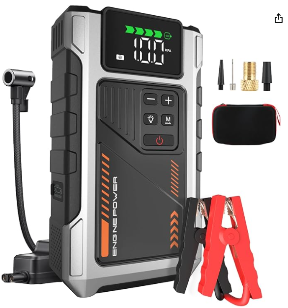 6000A Jump Starter Power Pack with 150PSI Air Compressor, 12V Car Battery Booster (10L Gas/8.5L Diesel), Portable Car Jump Starter Power Bank with LCD Display, LED Light Silver image1