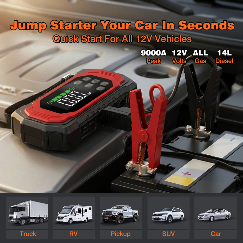 9000A Jump Starter Power Pack with 150PSI Air Compressor, 9-in-1 Car Battery Booster (All Gas/14L Diesel), 12V Portable Car Starter Power Bank with Air Inflator/Deflator, 30W Fast Charging image3