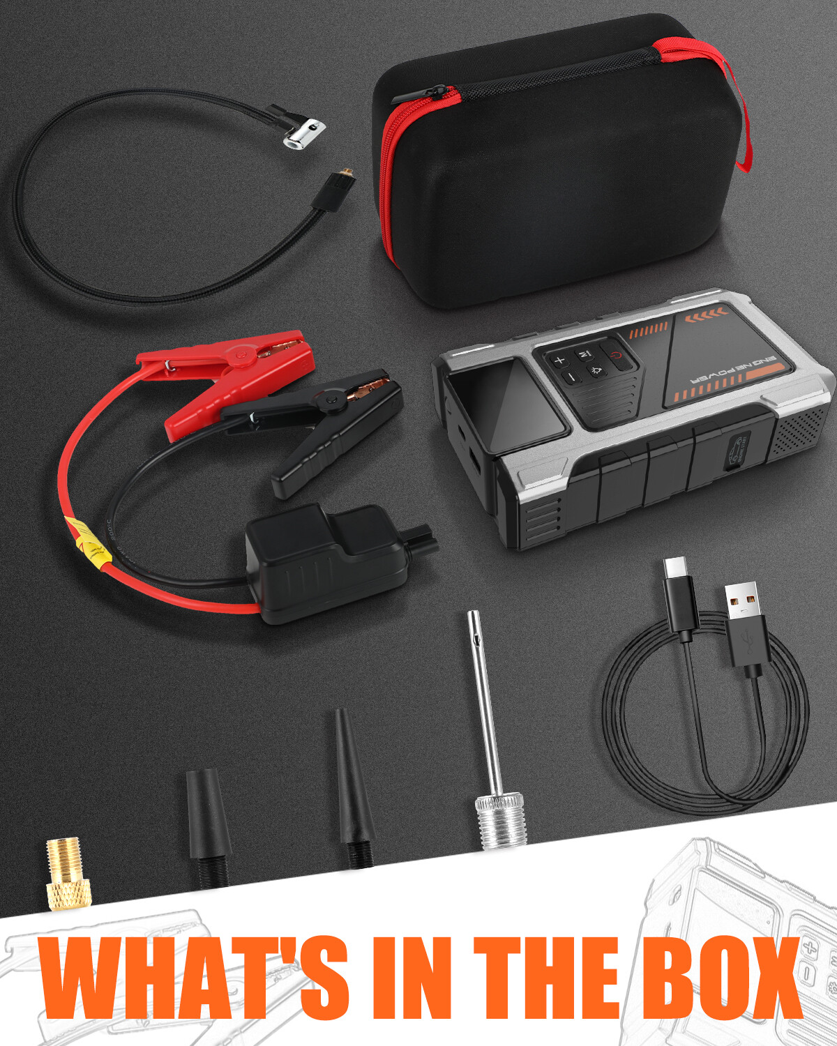 6000A Jump Starter Power Pack with 150PSI Air Compressor, 12V Car Battery Booster (10L Gas/8.5L Diesel), Portable Car Jump Starter Power Bank with LCD Display, LED Light Silver image9