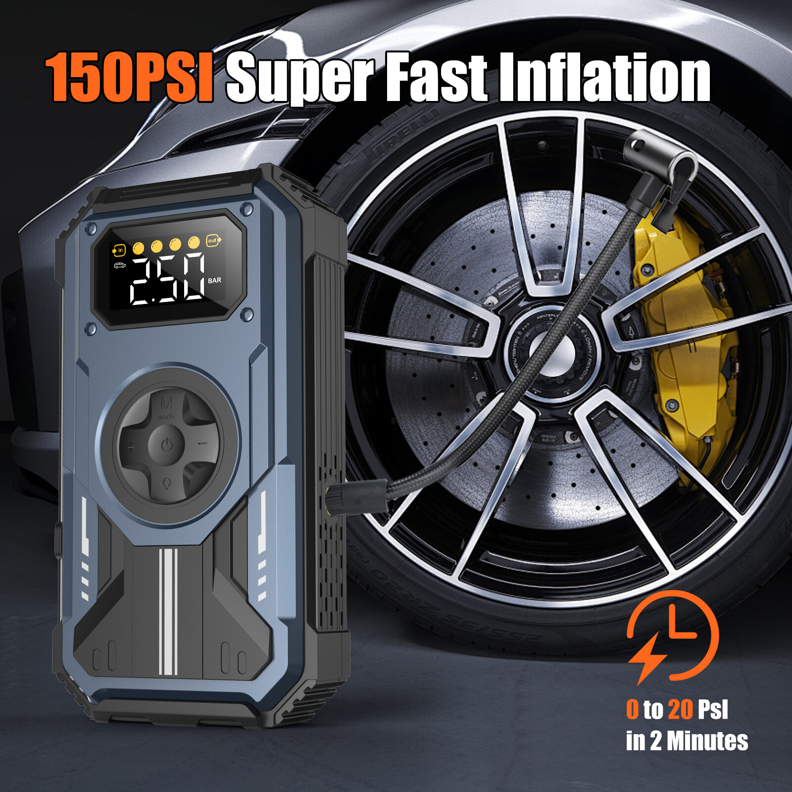 7-in-1 Jump Starter Power Pack, 6000A Car Battery Booster (10L Gas/8.5L Diesel) with 150PSI Air Compressor, 12V Portable Car Jump Starter Power Bank with LCD Display, LED Light, Blue image5