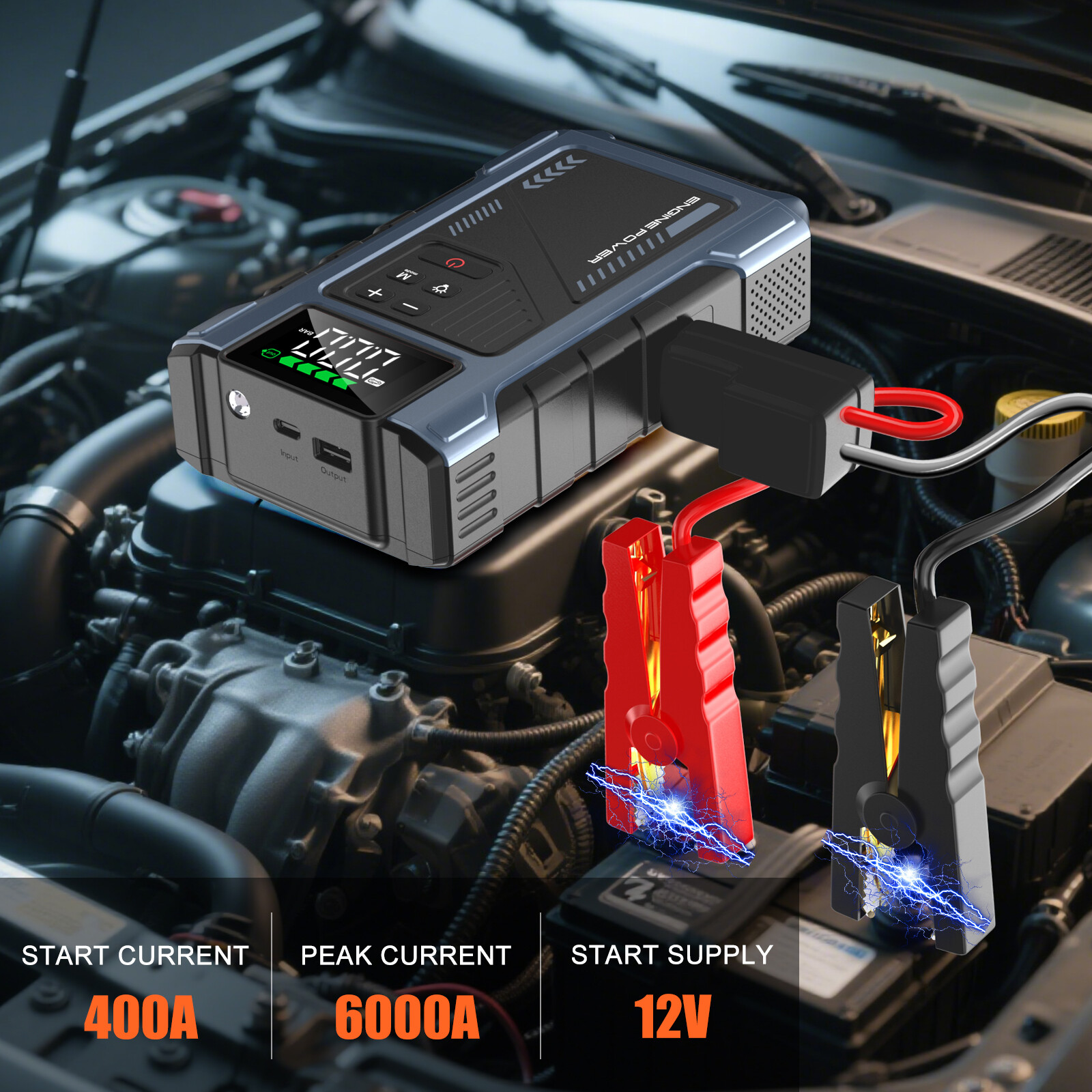 6000A Jump Starter Power Pack with 150PSI Air Compressor, 12V Car Battery Booster (10L Gas/8.5L Diesel), Portable Car Jump Starter Power Bank with LCD Display, LED Light, Blue image5