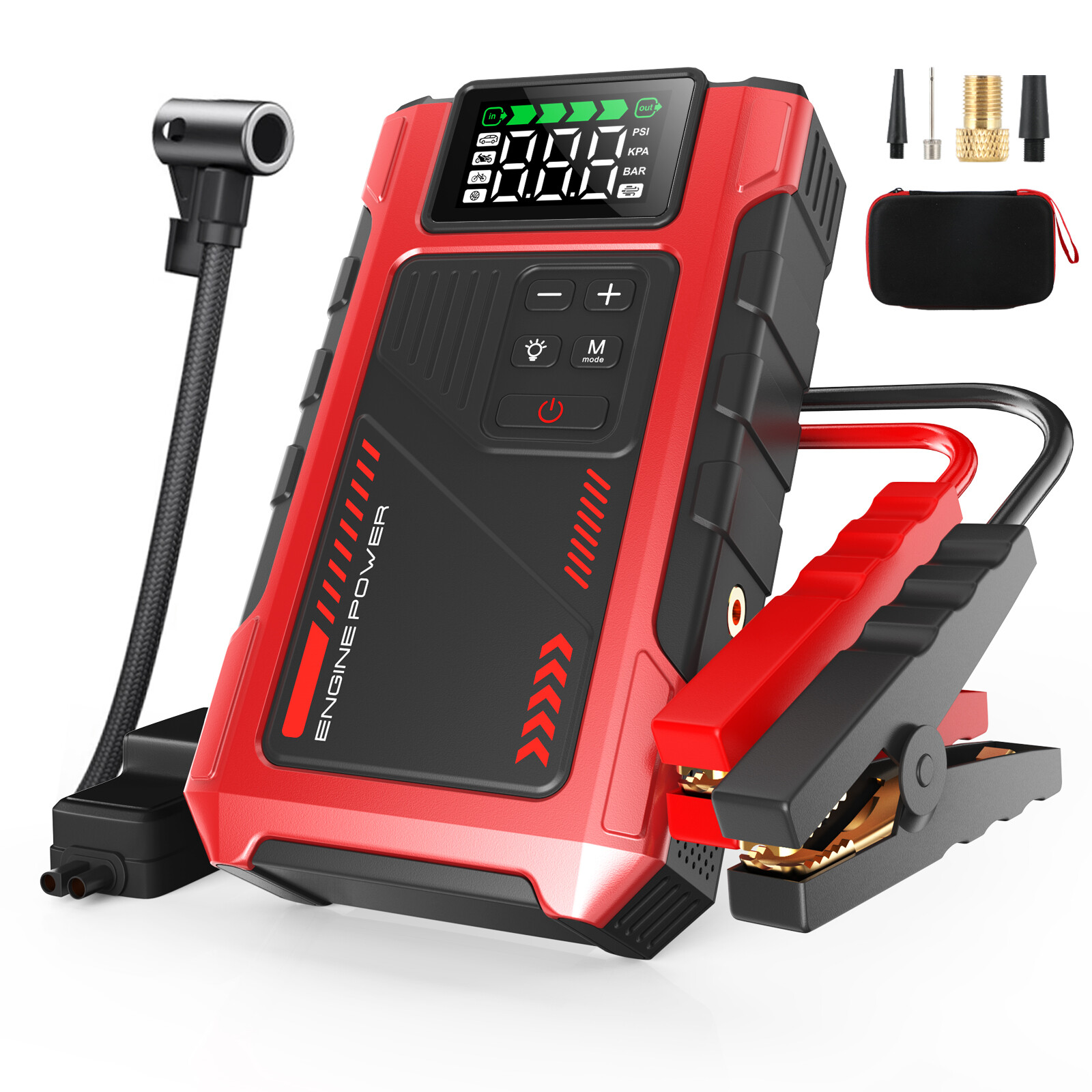6000A Jump Starter Power Pack with 150PSI Air Compressor, 12V Car Battery Booster (10L Gas/8.5L Diesel), Portable Car Jump Starter Power Bank with LCD Display, LED Light, Red image1