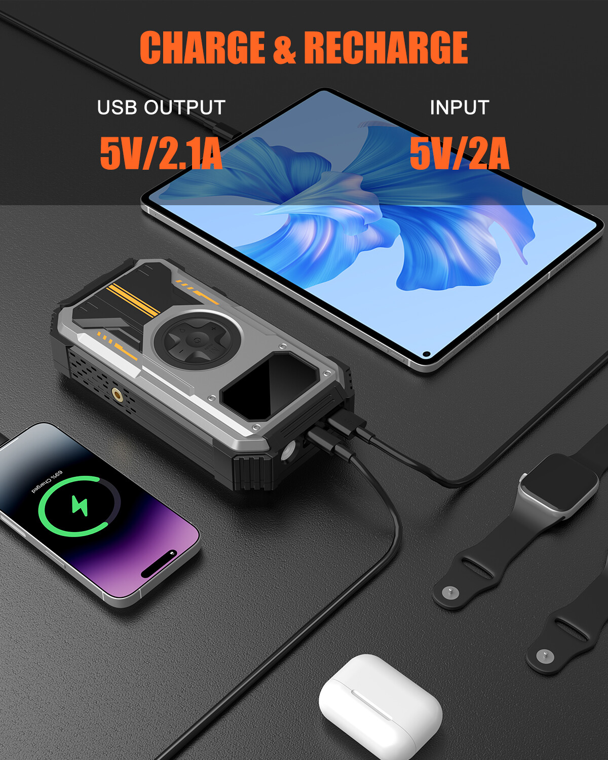 7-in-1 Jump Starter Power Pack, 6000A Car Battery Booster (10L Gas/8.5L Diesel) with 150PSI Air Compressor, 12V Portable Car Jump Starter Power Bank with LCD Display, LED Light, Silver image9