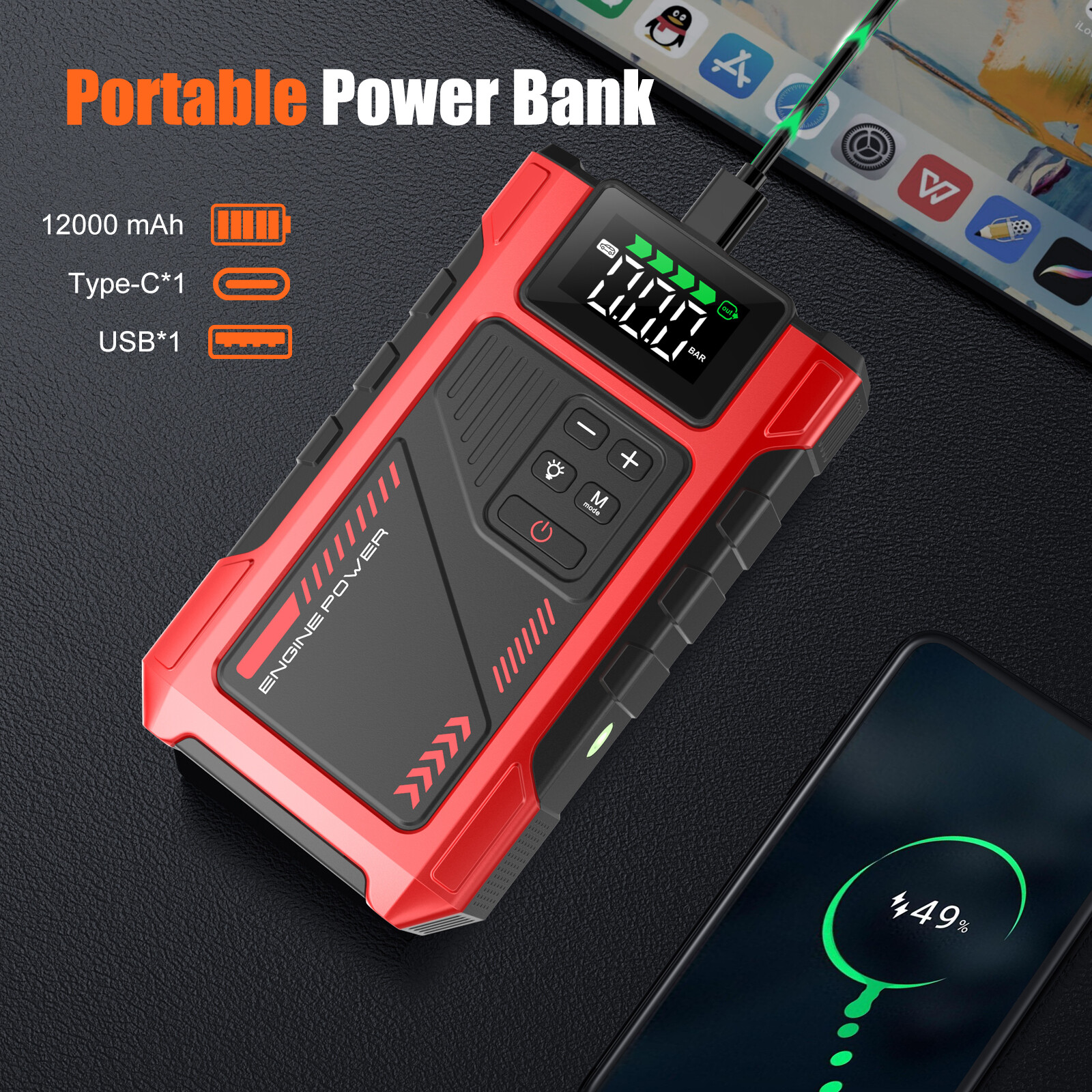 6000A Jump Starter Power Pack with 150PSI Air Compressor, 12V Car Battery Booster (10L Gas/8.5L Diesel), Portable Car Jump Starter Power Bank with LCD Display, LED Light, Red image7