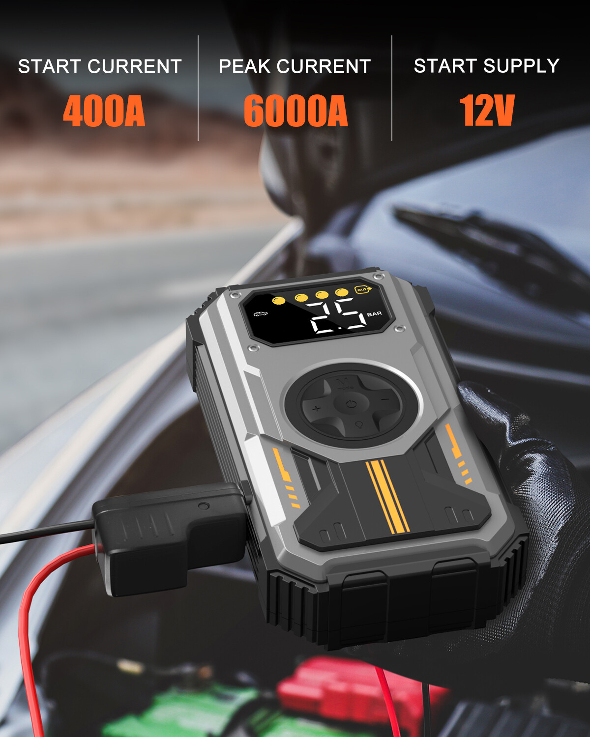 7-in-1 Jump Starter Power Pack, 6000A Car Battery Booster (10L Gas/8.5L Diesel) with 150PSI Air Compressor, 12V Portable Car Jump Starter Power Bank with LCD Display, LED Light, Silver image4