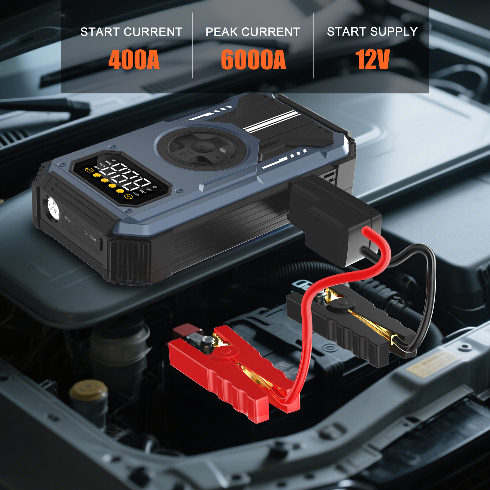 7-in-1 Jump Starter Power Pack, 6000A Car Battery Booster (10L Gas/8.5L Diesel) with 150PSI Air Compressor, 12V Portable Car Jump Starter Power Bank with LCD Display, LED Light, Blue image4