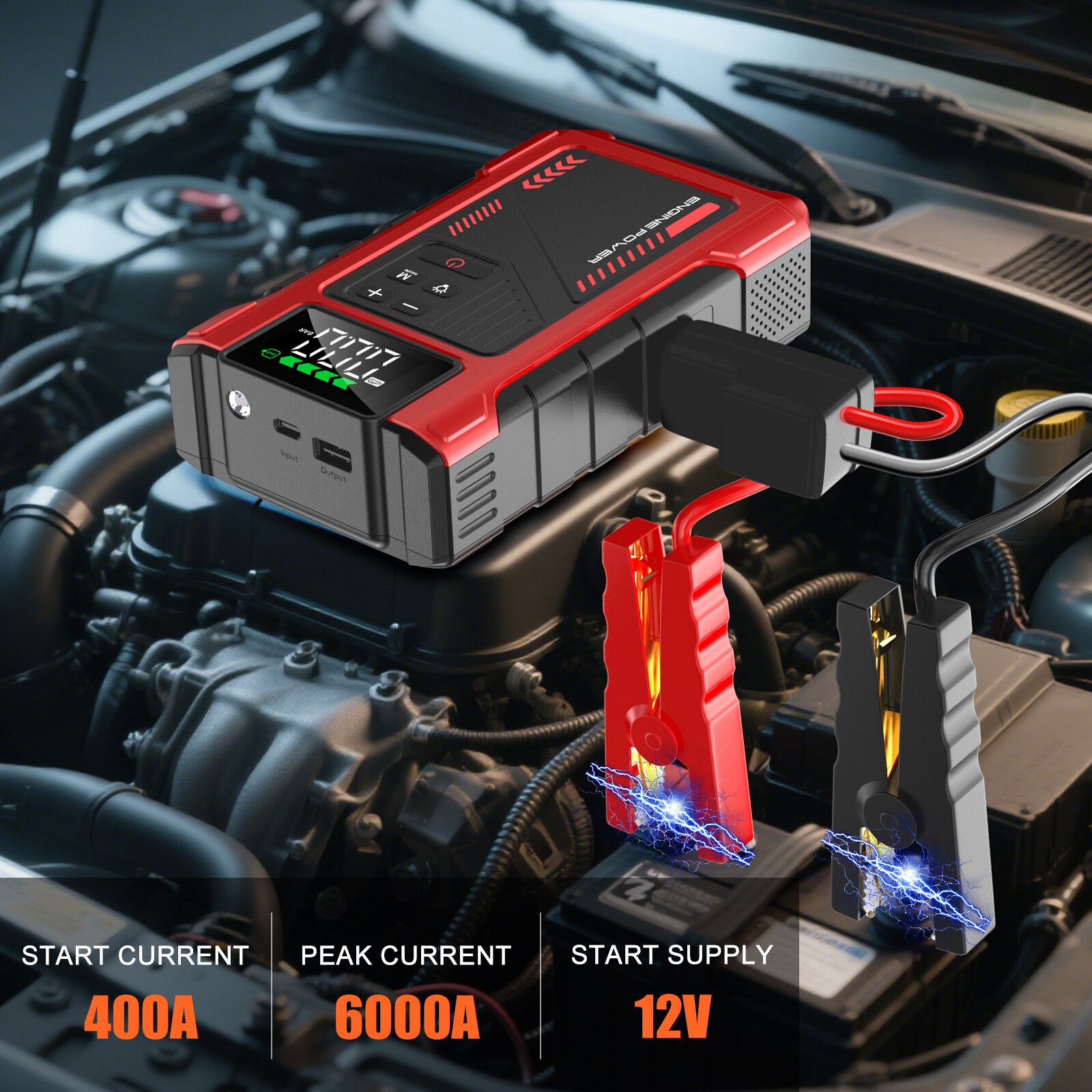 6000A Jump Starter Power Pack with 150PSI Air Compressor, 12V Car Battery Booster (10L Gas/8.5L Diesel), Portable Car Jump Starter Power Bank with LCD Display, LED Light, Red image5