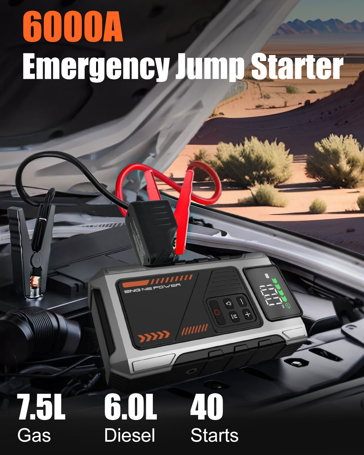 6000A Jump Starter Power Pack with 150PSI Air Compressor, 12V Car Battery Booster (10L Gas/8.5L Diesel), Portable Car Jump Starter Power Bank with LCD Display, LED Light Silver image4