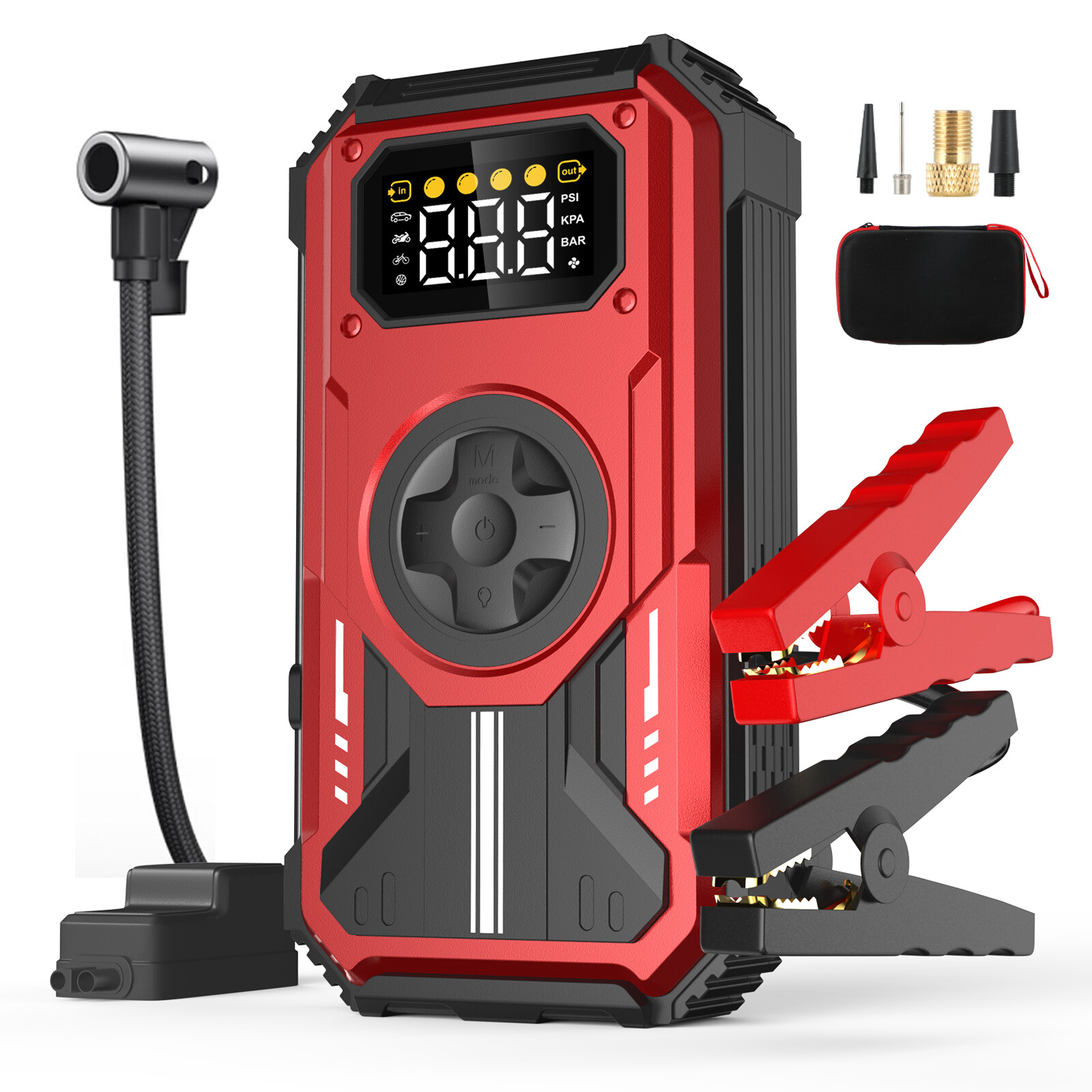 7-in-1 Jump Starter Power Pack, 6000A Car Battery Booster (10L Gas/8.5L Diesel) with 150PSI Air Compressor, 12V Portable Car Jump Starter Power Bank with LCD Display, LED Light, Red image1