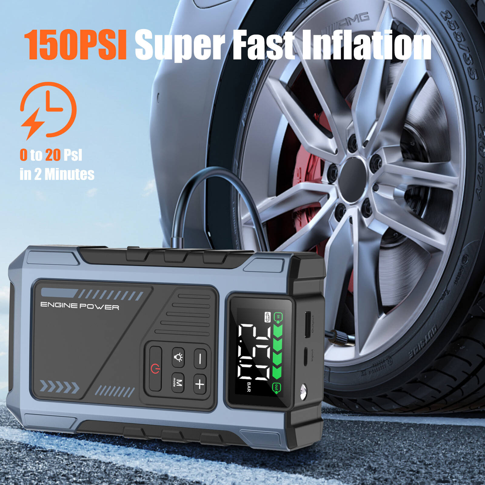 6000A Jump Starter Power Pack with 150PSI Air Compressor, 12V Car Battery Booster (10L Gas/8.5L Diesel), Portable Car Jump Starter Power Bank with LCD Display, LED Light, Blue image4