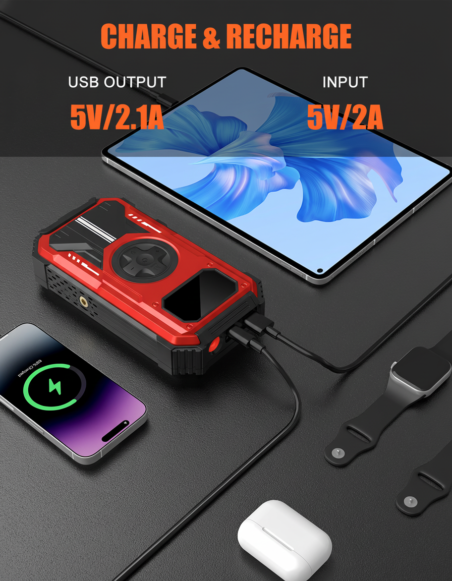 7-in-1 Jump Starter Power Pack, 6000A Car Battery Booster (10L Gas/8.5L Diesel) with 150PSI Air Compressor, 12V Portable Car Jump Starter Power Bank with LCD Display, LED Light, Red image4