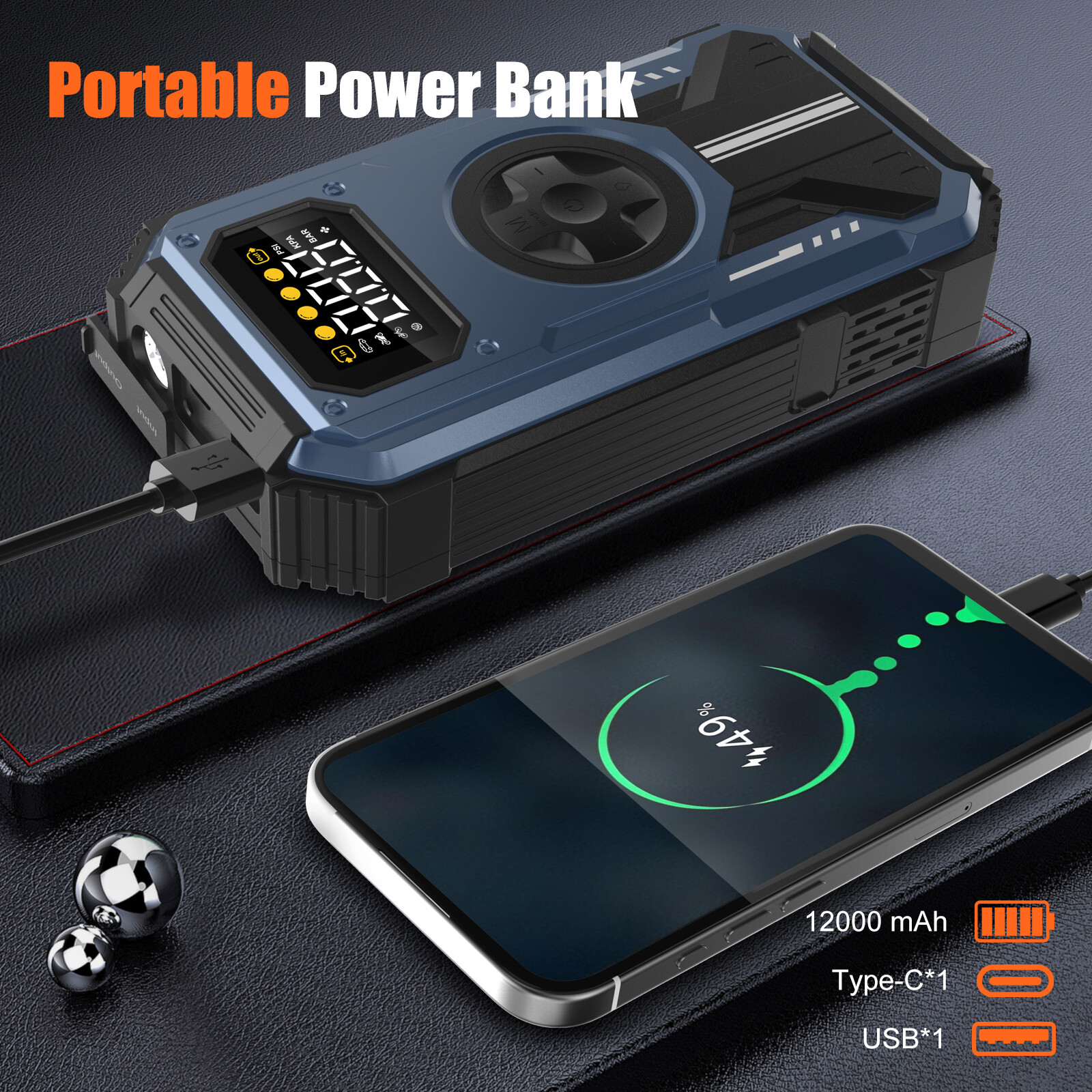 7-in-1 Jump Starter Power Pack, 6000A Car Battery Booster (10L Gas/8.5L Diesel) with 150PSI Air Compressor, 12V Portable Car Jump Starter Power Bank with LCD Display, LED Light, Blue image7
