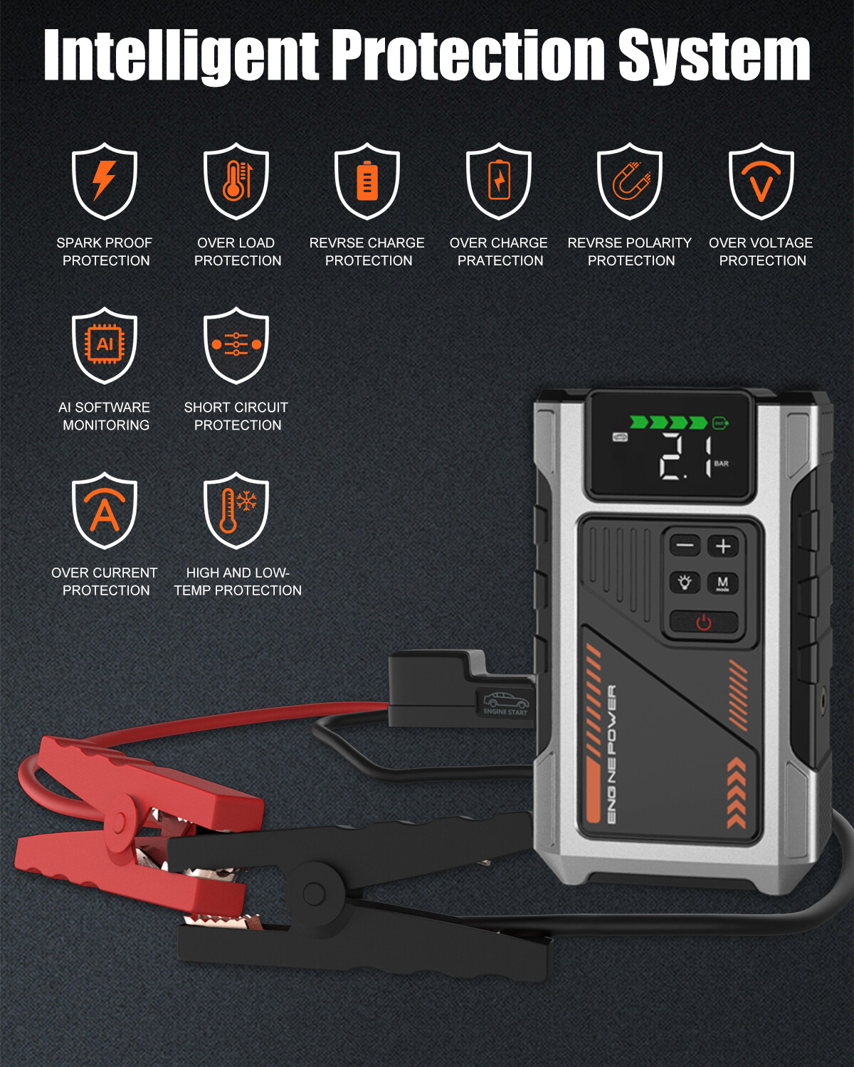 6000A Jump Starter Power Pack with 150PSI Air Compressor, 12V Car Battery Booster (10L Gas/8.5L Diesel), Portable Car Jump Starter Power Bank with LCD Display, LED Light Silver image7