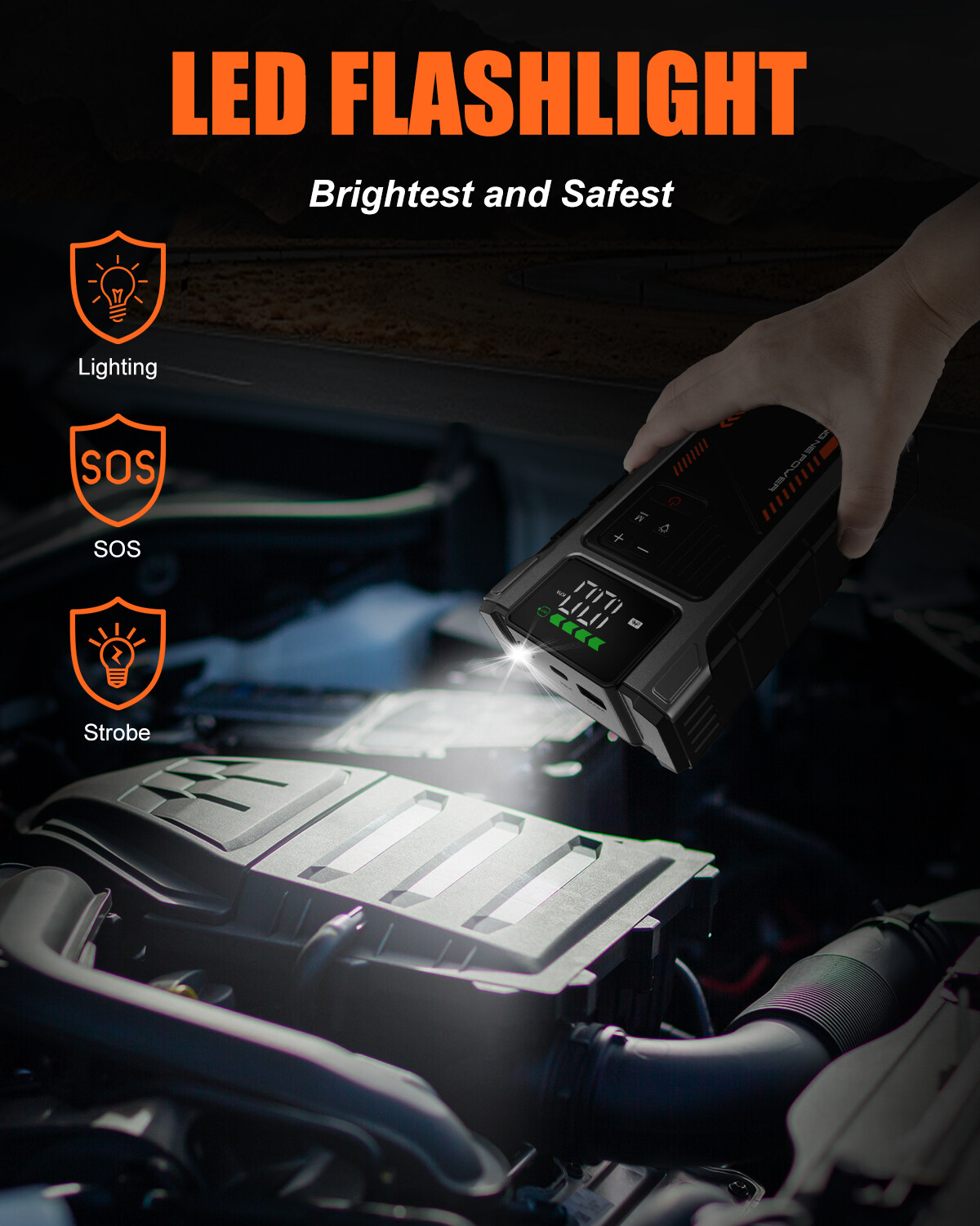 6000A Jump Starter Power Pack with 150PSI Air Compressor, 12V Car Battery Booster (10L Gas/8.5L Diesel), Portable Car Jump Starter Power Bank with LCD Display, LED Light Silver image6