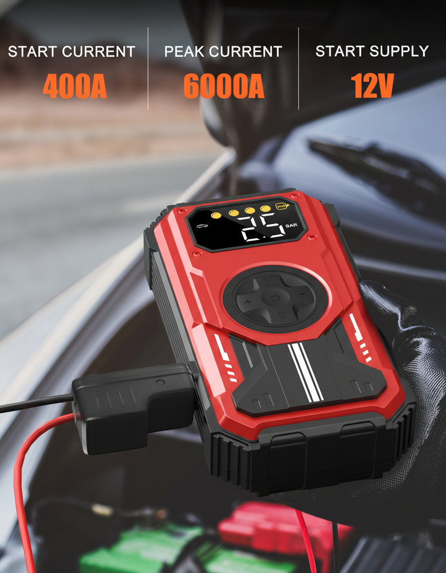 7-in-1 Jump Starter Power Pack, 6000A Car Battery Booster (10L Gas/8.5L Diesel) with 150PSI Air Compressor, 12V Portable Car Jump Starter Power Bank with LCD Display, LED Light, Red image8